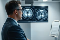 Doctor in a clinical setting examining a brain MRI scan on a monitor. The image shows medical diagnostics, healthcare technology, and neurological imaging, featuring a man in a suit with a focused expression against a backdrop of a modern hospital or clinic environment. Blue and gray tones dominate the scene.