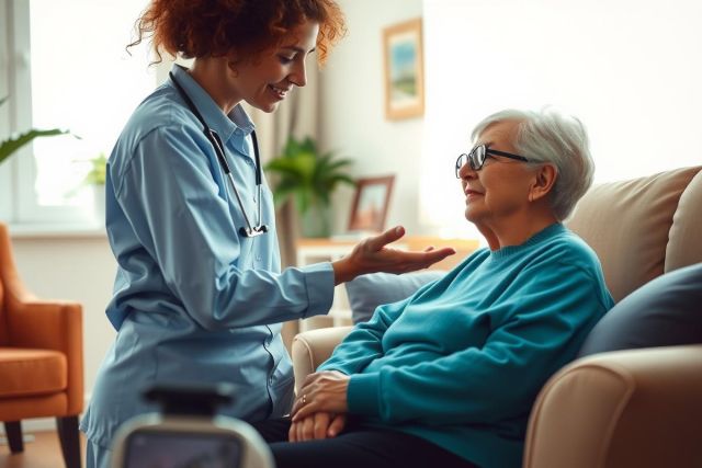 A healthcare professional speaks with an elderly woman in a cozy living room setting. The scene suggests caregiving or a medical consultation in a comfortable home environment. Warm colors dominate the image.