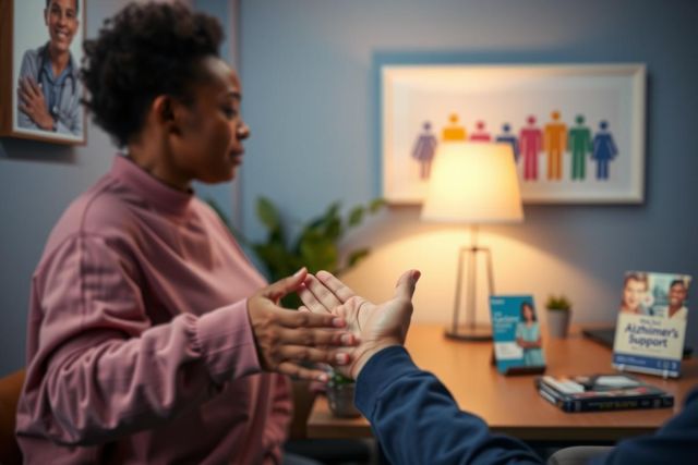 A healthcare professional in a pink shirt interacts with a patient during a consultation. The setting appears to be a clinic or office, featuring a table, lamp, and artwork. The image conveys empathy and care in a medical environment.