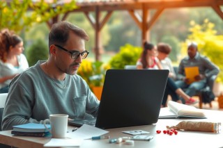 The image shows a man sitting at a table with an open laptop. He appears to be focused on his work, which is likely office-related given the environment and attire. The setting seems relaxed, possibly a café or outdoor seating area, with other people in the background enjoying their time as well.