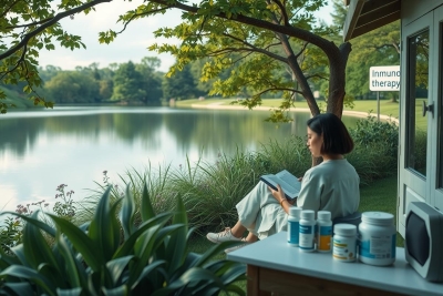 A woman is seated on a porch overlooking a serene lake, engaging in a peaceful moment of reading. The setting is bright and airy with natural light streaming in through the foliage, creating a calm and relaxing atmosphere. Her surroundings include various potted plants that add to the tranquil environment. The image captures a sense of stillness and contentment.