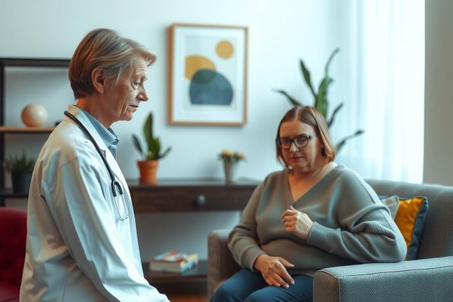Doctor consults with a patient in a home setting. The doctor wears a white coat and stethoscope, while the patient sits comfortably on a gray couch.  A warm, inviting living room atmosphere.