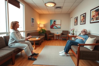 The image shows a comfortable indoor setting, likely a patient's room in a healthcare facility. A female healthcare professional is sitting on the left side of a couch, talking to a male patient who is seated on the right. The environment appears calm and inviting with various artwork adorning the walls, contributing to a healing atmosphere.