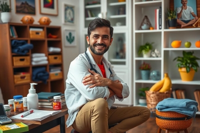 A man is seen sitting in a cozy home office. The room has white shelves, filled with books and other decorative items. He is smiling and appears to be relaxed, possibly enjoying his work or personal space. A potted plant on the table adds to the homely atmosphere. His hands are folded together on his lap, suggesting a moment of contentment or contemplation.