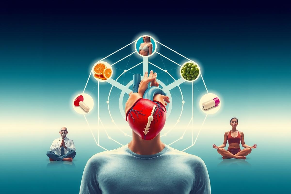 The image is a digital artwork that features a man meditating with his hands on his chest, inside of which is depicted a glowing sphere containing various elements such as a heart, brain, and other symbols representing health and well-being. Surrounding the sphere are smaller spheres showing individuals in poses suggesting relaxation and meditation. The background is dark with a slight gradient to blue, enhancing the serene atmosphere of the piece.