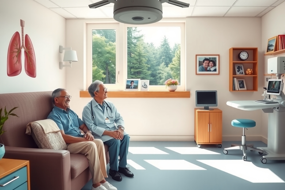 An elderly couple sitting in a hospital waiting room. The man is wearing a white shirt and the woman is in a pink dress. They are sitting on a brown couch with pictures of their family on it. The room has a window that shows trees outside. There is also a computer table with two chairs, a clock, and some framed photos on the wall.