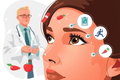 The image depicts a young woman in the foreground with an intense expression on her face, suggesting she is being examined by a doctor. The background features an illustration of a doctor's clinic with medical-related icons such as a pill bottle and a heartbeat line, emphasizing healthcare themes. The color palette includes shades of green and blue, often associated with trust and health care. The overall scene conveys a sense of medical consultation or checkup.