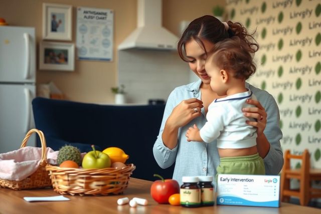 The image shows a woman in a kitchen, hugging a baby. The kitchen is well-equipped with various appliances like a refrigerator and an oven. On the countertop, there are bottles which might be supplements or vitamins, along with fruits like apples and oranges. There's also a basket of bread nearby. The environment seems warm and homey, suggesting a domestic setting.