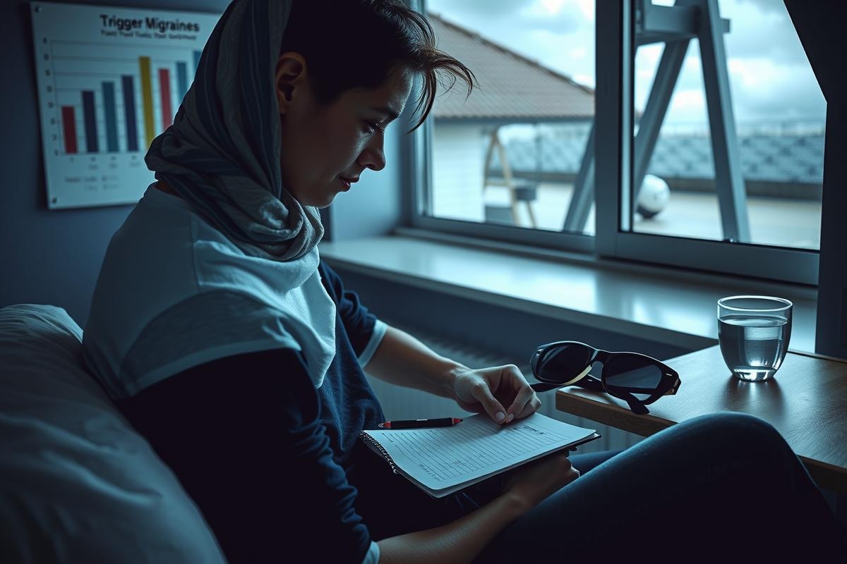 Woman in scarf working on laptop. Her focused gaze is directed away from camera towards a wall displaying charts and graphs with the headline 'TOGGENBERG MIGRANTS'. The room has a modern, minimalist design with wooden flooring and window frames.