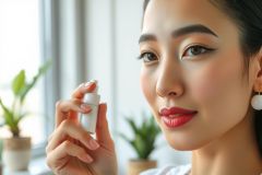 Close-up of a woman holding a perfume bottle. She has red lipstick and is in a bright, indoor setting with plants. The image showcases beauty, fragrance, and a stylish aesthetic.