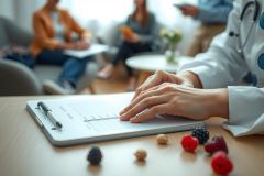 Doctor examining patient during consultation. Healthcare setting with clipboard, fruit, and a relaxed atmosphere. Focus on wellness and patient care in a modern clinic.