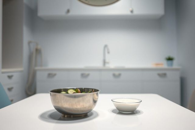 Modern kitchen interior featuring a stainless steel bowl with salad and a small white bowl on a white countertop. The scene showcases a light blue kitchen with cabinetry and a sink, creating a clean and bright culinary space. Food preparation and kitchen design elements are visible.