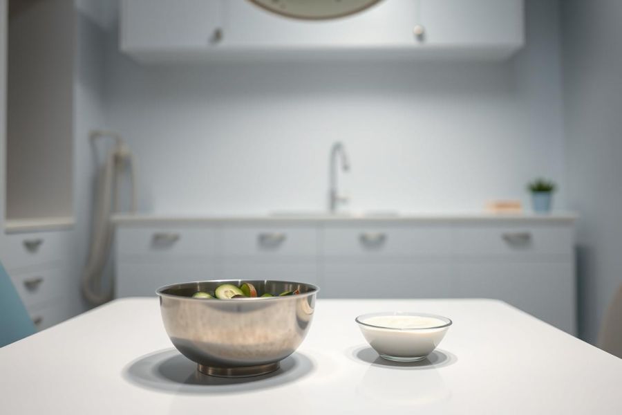 Modern kitchen interior featuring a stainless steel bowl with salad and a small white bowl on a white countertop. The scene showcases a light blue kitchen with cabinetry and a sink, creating a clean and bright culinary space. Food preparation and kitchen design elements are visible.
