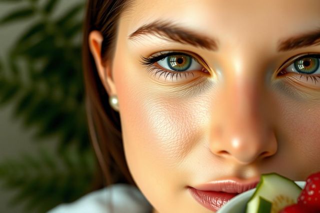 Close-up portrait of a woman with striking blue eyes, soft skin, and a subtle smile. The image features a natural, close-up style with a blurred green background and natural light.