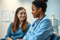 Doctor consults with a patient in a bright, modern medical office. A smiling female doctor in a blue scrubs and stethoscope speaks with a young woman. Healthcare, medical consultation, and patient care are key themes in this image.
