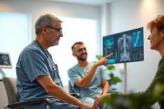 Medical professionals review patient X-ray images in a clinic. A doctor points at the screen while discussing diagnostics with a patient. Healthcare, radiology, and diagnostic imaging are key themes.