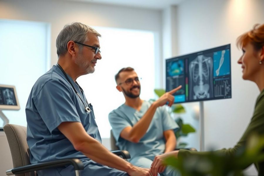 Medical professionals review patient X-ray images in a clinic. A doctor points at the screen while discussing diagnostics with a patient. Healthcare, radiology, and diagnostic imaging are key themes.