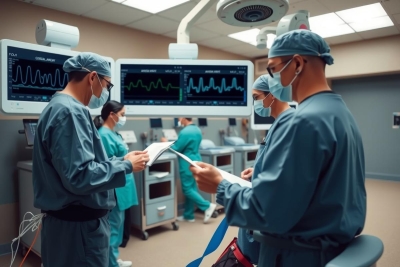 The image shows a medical team in an operating room, preparing for a surgical procedure. There are three individuals visible, all wearing surgical attire and face masks, indicating adherence to sterilization protocols. On the monitors, there are medical graphs displaying patient vital signs and heart rate. The environment appears clean and well-lit, typical of an operating theatre, suggesting a serious and focused atmosphere.