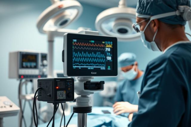 Operating room scene with medical equipment and surgeons in blue scrubs. A patient monitor displays vital signs under bright surgical lights. Focus on healthcare, surgery, and medical technology in a sterile, clinical environment.