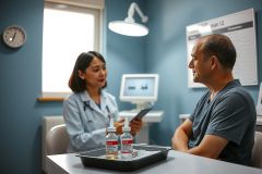 Doctor consults with a patient in a medical office. The scene features a healthcare professional and a male patient, suggesting a clinical examination or discussion. The environment is a modern, blue-toned examination room.