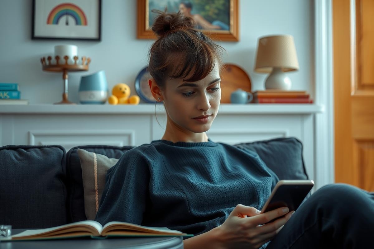 The image depicts a young woman sitting on a couch, engrossed in her cell phone. She is wearing a black top and appears to be texting or browsing the internet.