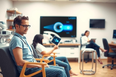 The image depicts a professional medical office setting with various medical equipment such as monitors, a tablet, and a laptop on display. A group of individuals are present in the room, including doctors and nurses engaged in discussion or work. 