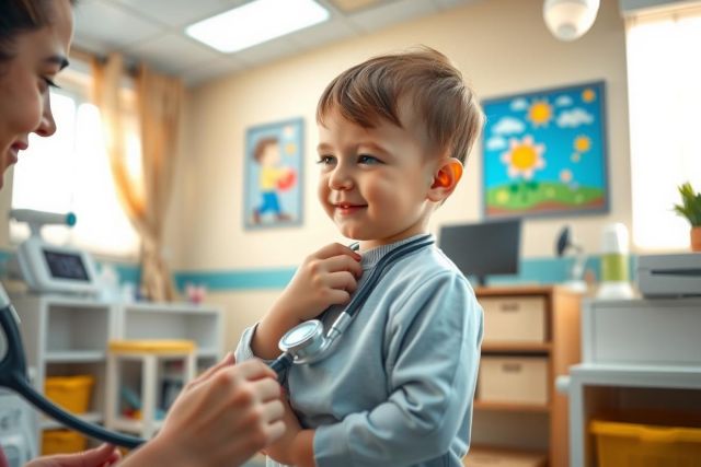 A young boy receives a check-up by a doctor, with the doctor listening to his heartbeat with a stethoscope. The scene takes place in a bright, modern medical office.