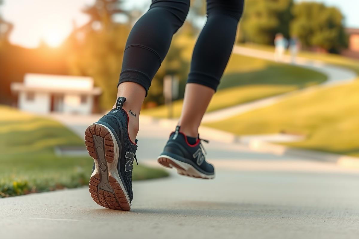 The image depicts a person in motion, jogging on an asphalt path. The focus is on the feet and lower legs of the individual who is wearing athletic shoes with black and white designs.