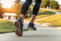 The image depicts a person in motion, jogging on an asphalt path. The focus is on the feet and lower legs of the individual who is wearing athletic shoes with black and white designs.