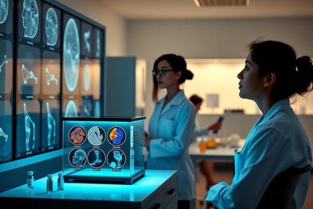 The image portrays a medical setting where doctors are engaged with holographic displays. The environment is modern and well-equipped, suggesting advanced technology in healthcare. Various pieces of equipment can be seen in the background, indicating a highly specialized clinical facility.