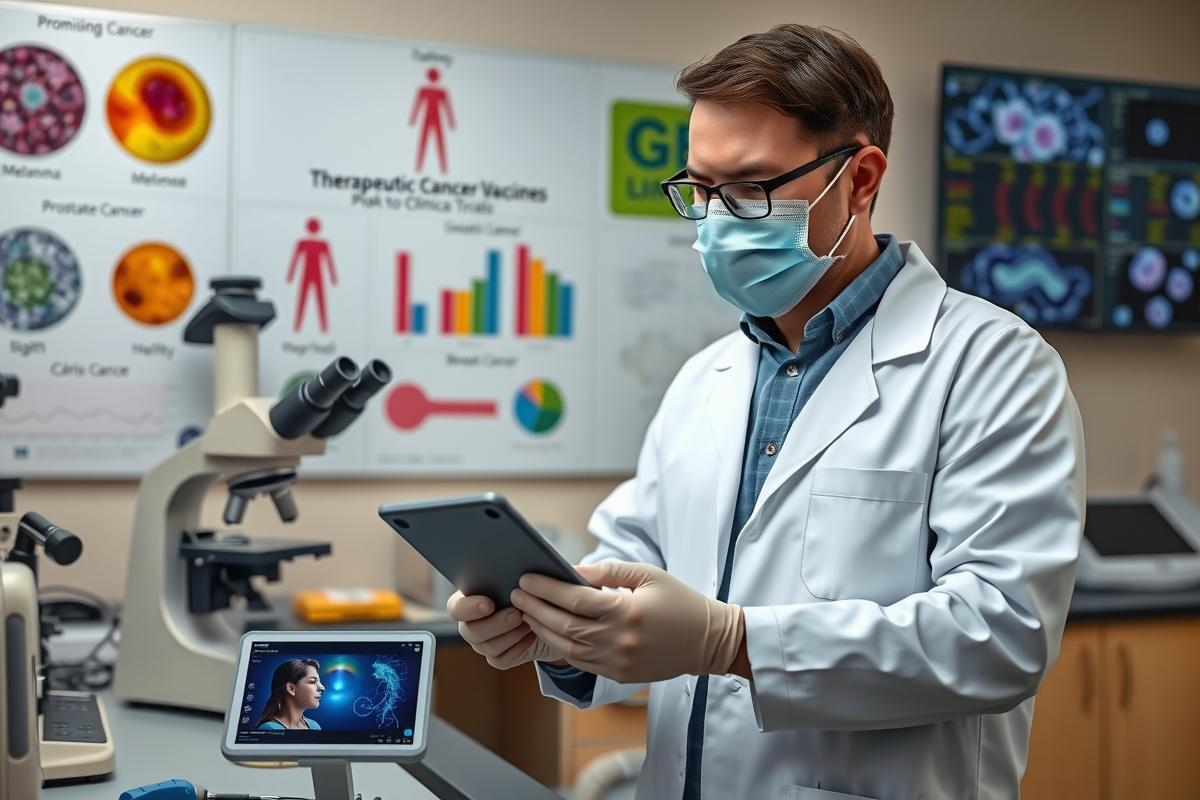 In a well-lit, modern lab setting, a scientist is conducting research on a table. The scientist, wearing a lab coat and glasses, holds an iPad displaying scientific data. Behind them are various pieces of laboratory equipment, including a microscope with slides.