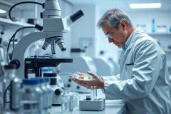 Scientist in a modern laboratory examining pills under a microscope. The image showcases scientific research, pharmaceuticals, and a clean, bright lab environment with blue and white tones. Focus on medical analysis and laboratory work.