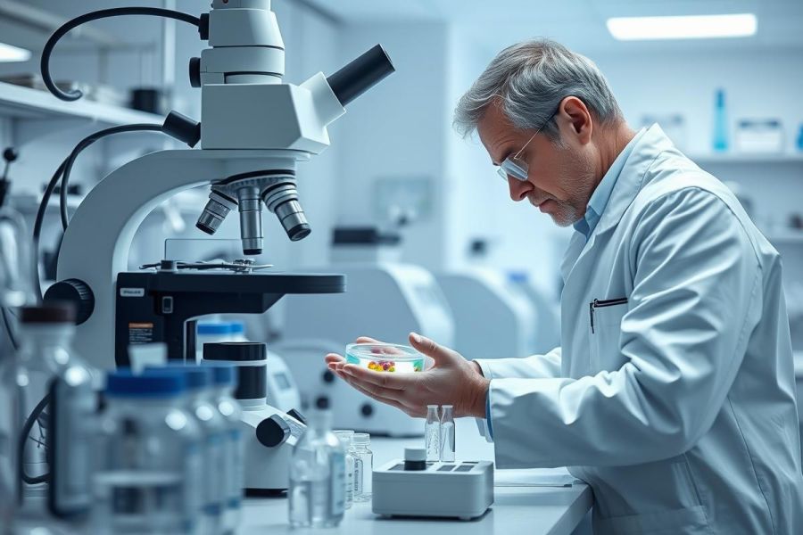 Scientist in a modern laboratory examining pills under a microscope. The image showcases scientific research, pharmaceuticals, and a clean, bright lab environment with blue and white tones. Focus on medical analysis and laboratory work.