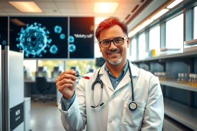 The image portrays a scientist in a modern laboratory, holding what appears to be a small test tube. The scientist is wearing a white coat, which suggests that they are involved in scientific research or medicine. The lab environment includes various pieces of equipment and displays, suggesting it is a space dedicated to scientific exploration and discovery.