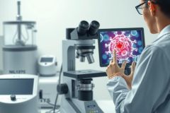 Scientist examines a virus image on a monitor in a lab. Focus on microscopy, research, and medical analysis. White coat, equipment, and a detailed view of the virus structure are visible.