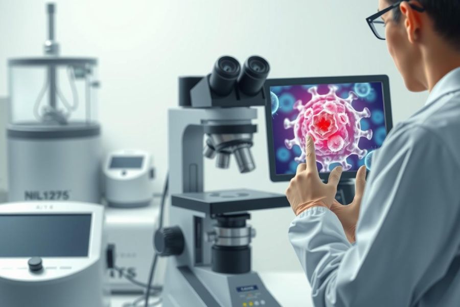 Scientist examines a virus image on a monitor in a lab. Focus on microscopy, research, and medical analysis. White coat, equipment, and a detailed view of the virus structure are visible.