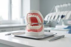 Dental training model of upper and lower teeth on a tray in a bright dental operatory, illustrating dental restorations.