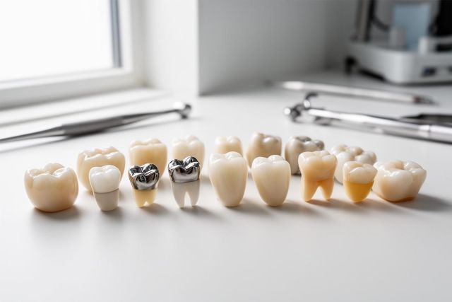 Row of dental crown samples—porcelain, ceramic, and metal options—displayed on a clinical countertop with instruments.
