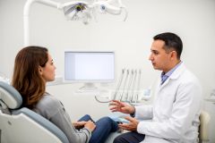 Dentist in white coat consulting a seated patient about dental treatment options in a clinic.