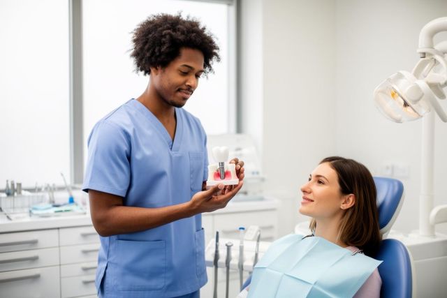 Dentist in scrubs explaining a dental implant model to a smiling patient in chair.