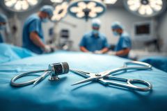 Surgical scene with medical instruments, including scissors and a camera, on a blue operating table. Background shows a surgical team in a bright, modern operating room under bright lights. Healthcare, surgery, medical equipment.
