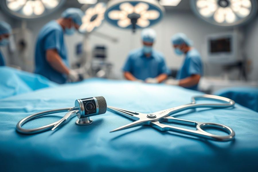 Surgical scene with medical instruments, including scissors and a camera, on a blue operating table. Background shows a surgical team in a bright, modern operating room under bright lights. Healthcare, surgery, medical equipment.