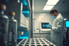 Scientist in lab coat working with test tubes and equipment. Focus on precision and lab environment, likely conducting research or analysis. Blue lighting and sterile setting.