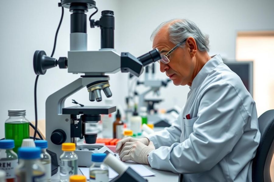 Scientist in lab coat examining samples under a microscope. Research environment with glassware and equipment visible. Focus on precision and scientific investigation.