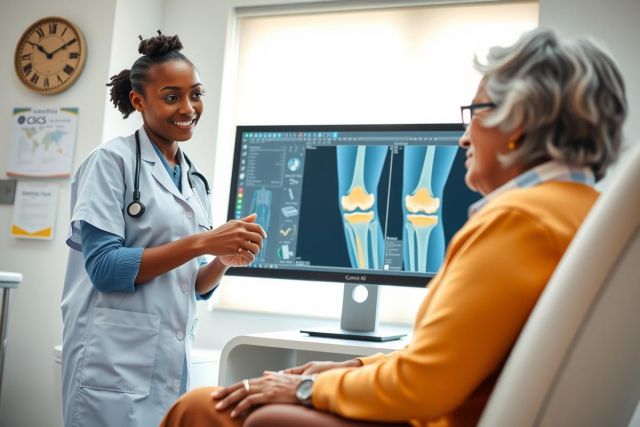 Doctor explains X-ray results to patient in a medical office. Healthcare professional reviews diagnostic images, showcasing patient care and medical consultation. Bright, modern setting.