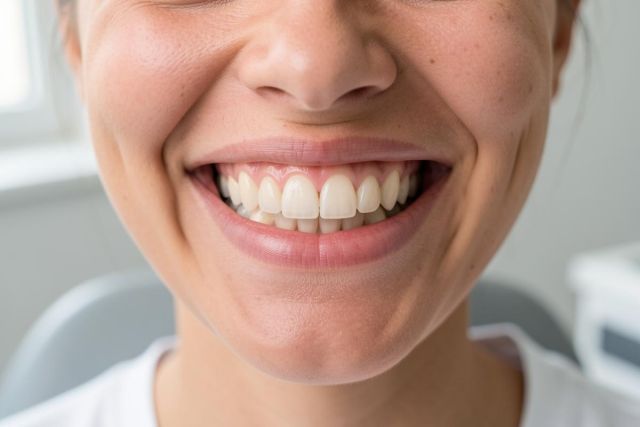 Close-up smile showing natural tooth color and healthy gums in a dental setting, suitable for whitening topics.