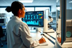 Scientist working in a lab.  A woman in a white lab coat examines data on a computer monitor. The lab environment includes equipment and glassware. Focus on research and analysis.