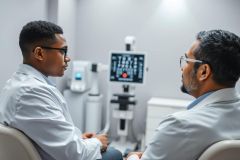 Doctor-patient consultation in a modern medical clinic. Two men, one in a white coat, are engaged in a discussion. The setting features diagnostic equipment and a clean, neutral color palette. Healthcare, medical examination, and consultation themes are prominent.