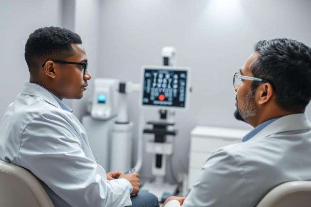 Doctor-patient consultation in a modern medical clinic. Two men, one in a white coat, are engaged in a discussion. The setting features diagnostic equipment and a clean, neutral color palette. Healthcare, medical examination, and consultation themes are prominent.