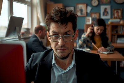 The image depicts a man sitting at a desk in an office environment. He is wearing glasses and appears focused on his work, possibly looking down at a document or computer screen. The room has several other people present who are also engaged in their tasks, suggesting a busy working atmosphere.